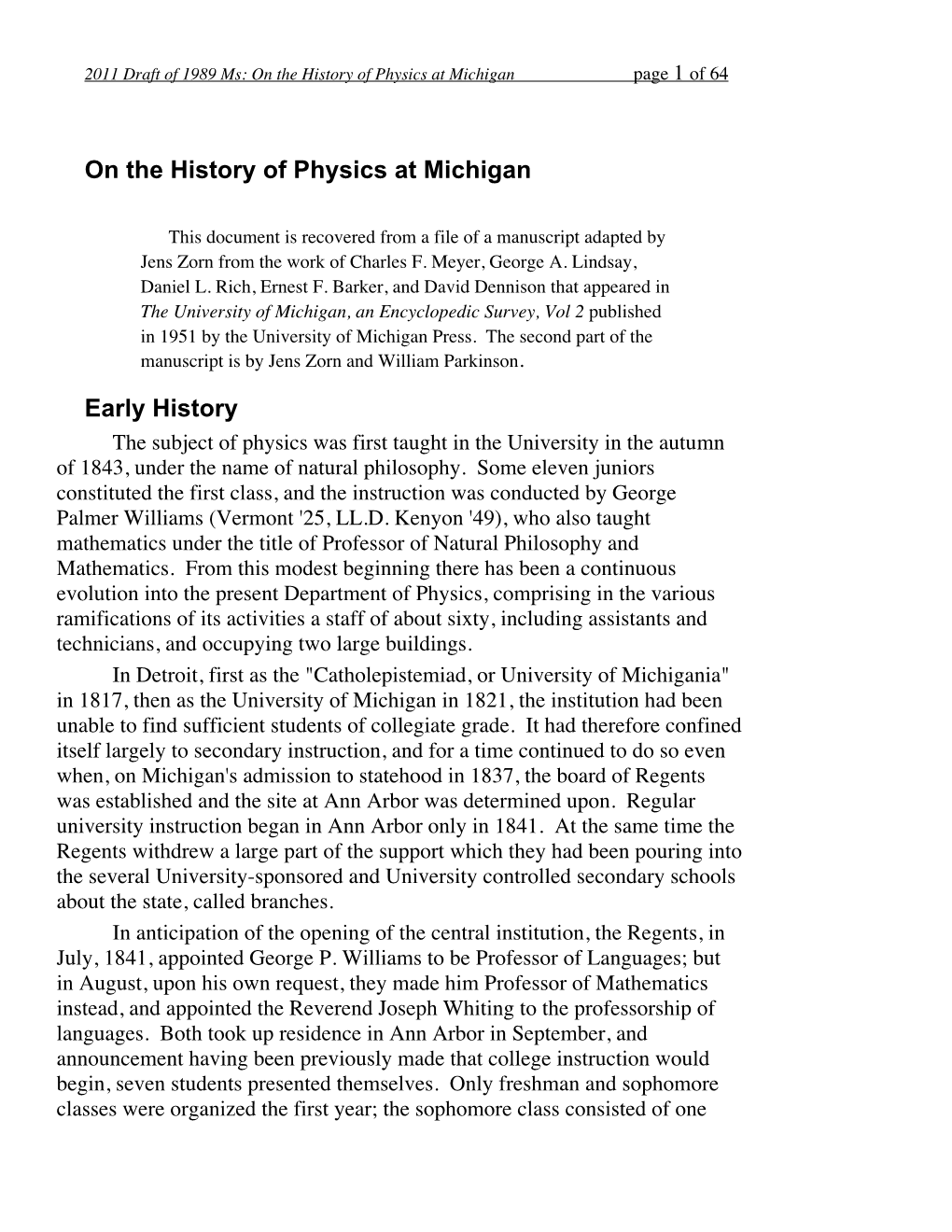 On the History of Physics at Michigan Early History