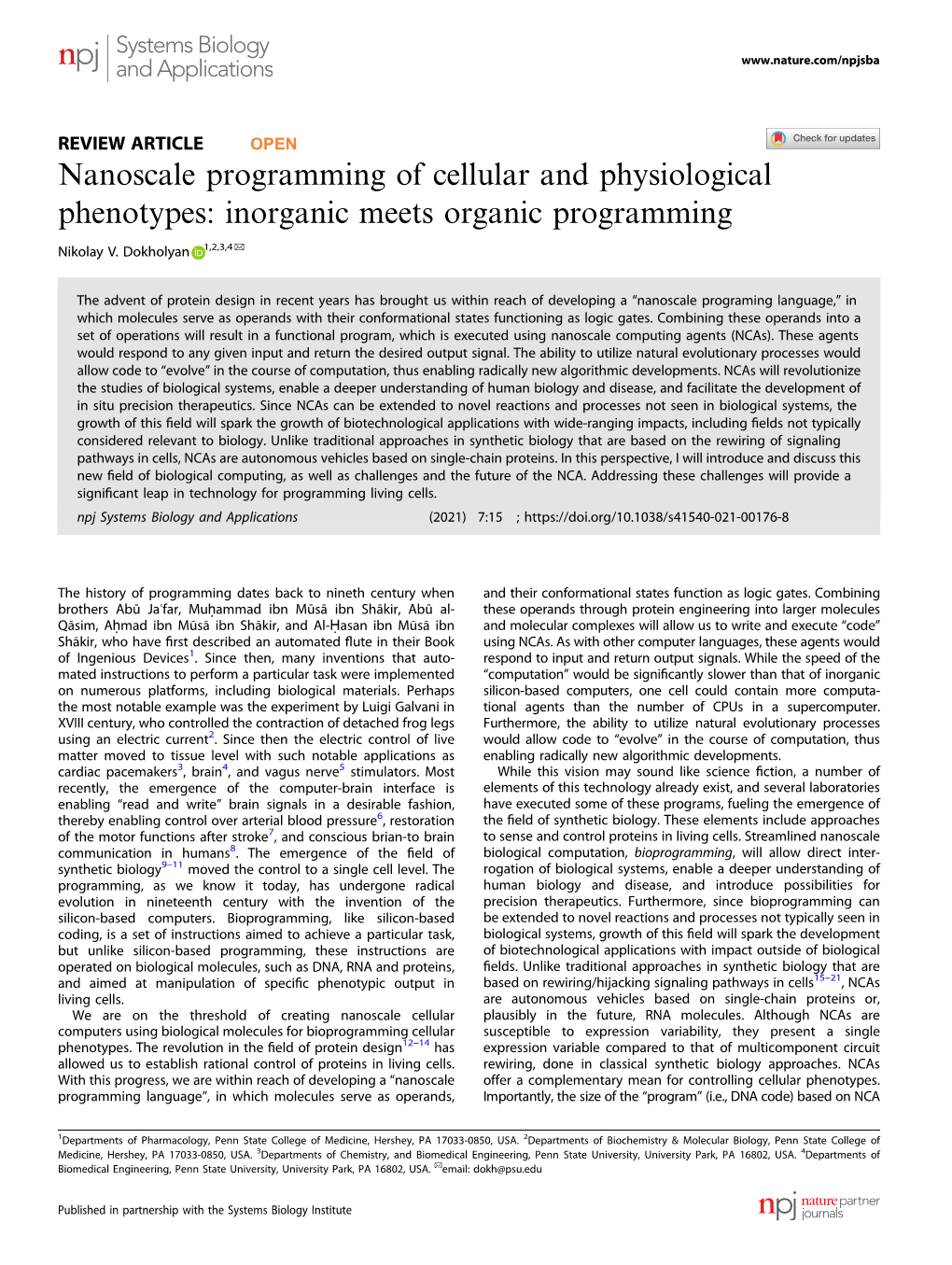 Nanoscale Programming of Cellular and Physiological Phenotypes: Inorganic Meets Organic Programming ✉ Nikolay V