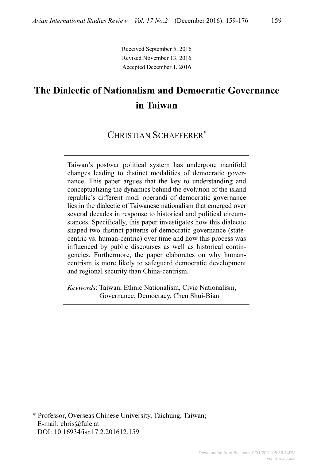 The Dialectic of Nationalism and Democratic Governance in Taiwan