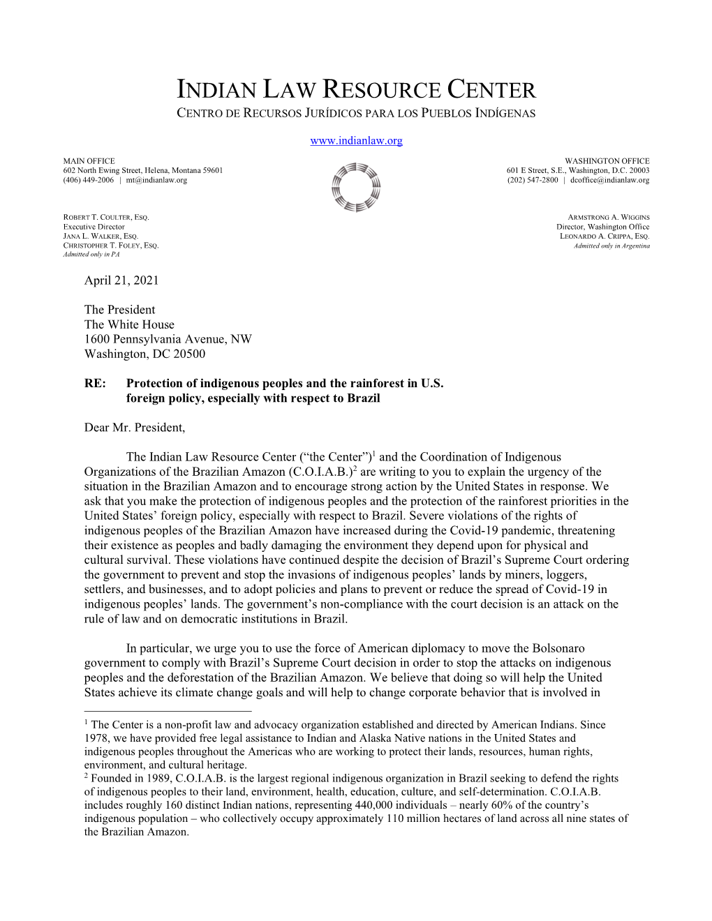 The Center and COIAB's Joint Letter To