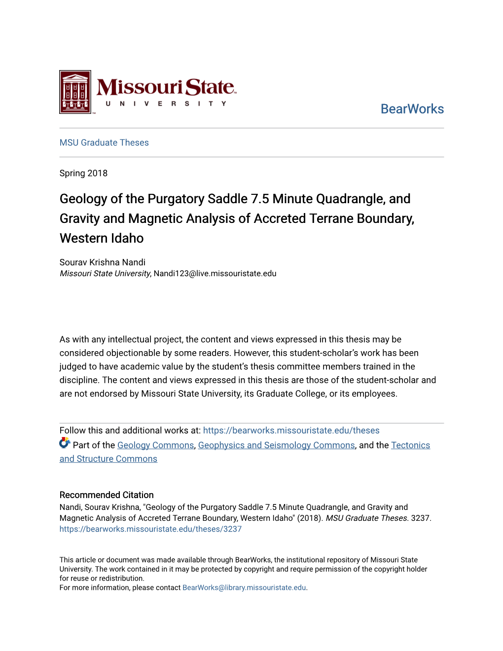 Geology of the Purgatory Saddle 7.5 Minute Quadrangle, and Gravity and Magnetic Analysis of Accreted Terrane Boundary, Western Idaho