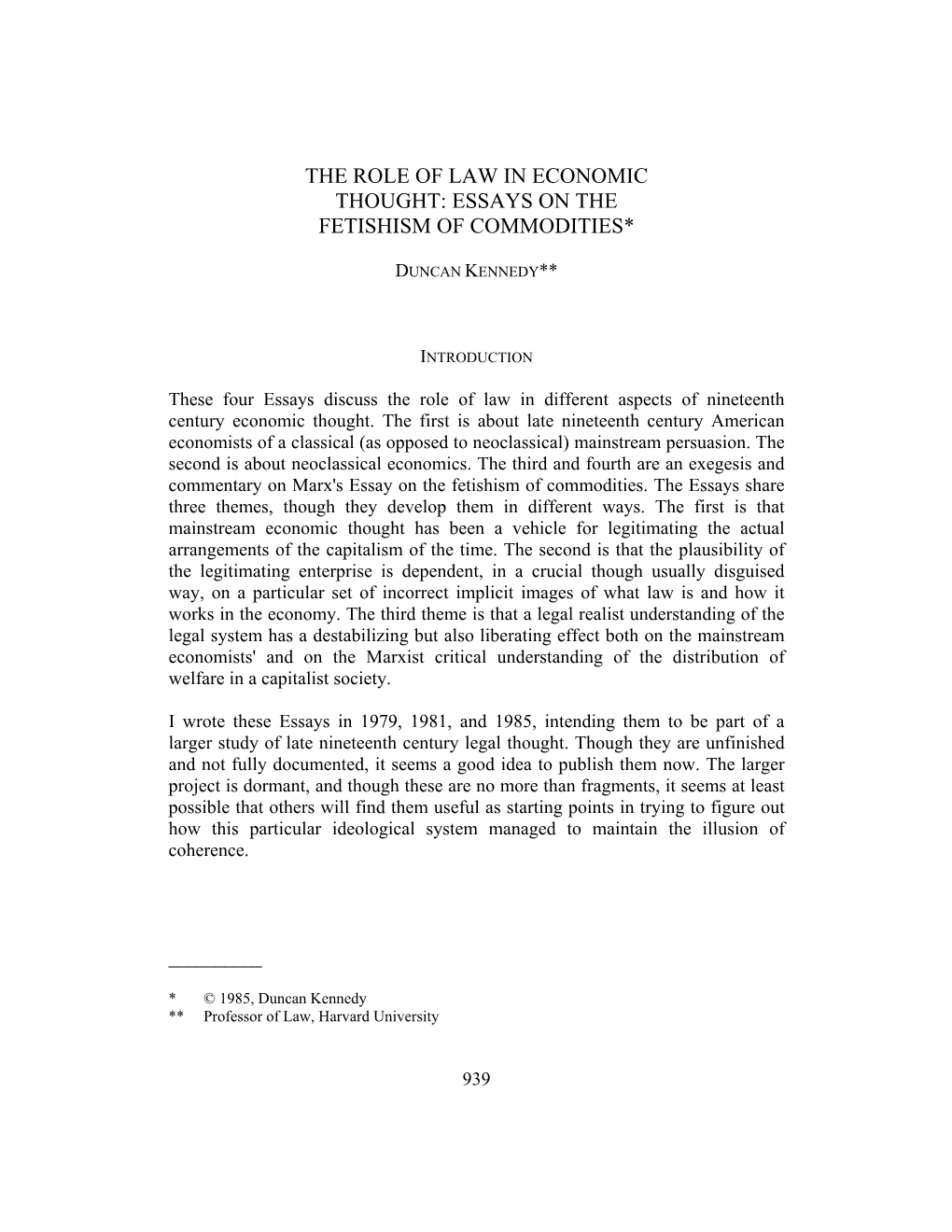 The Role of Law in Economic Thought: Essays on the Fetishism of Commodities*