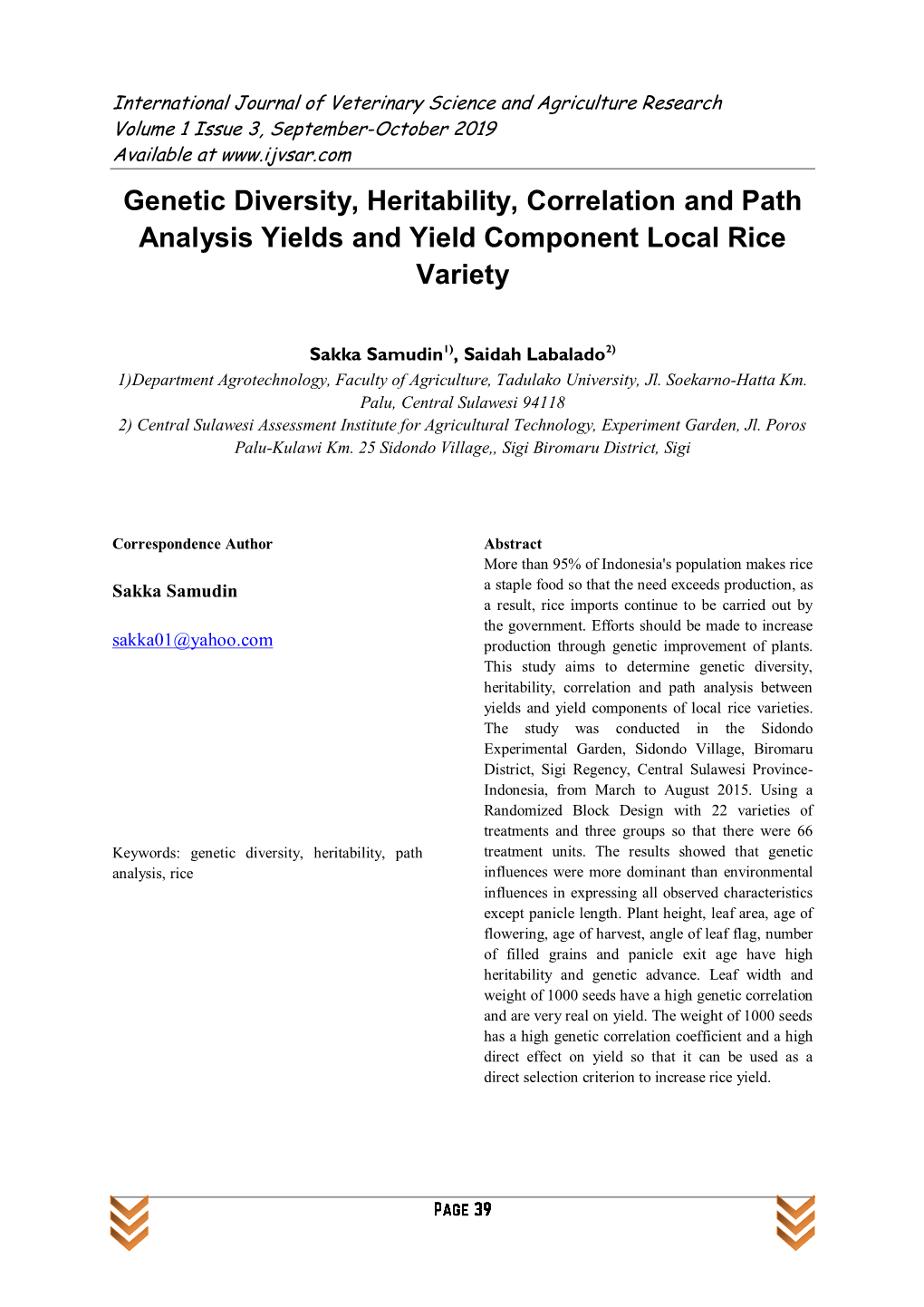 Genetic Diversity, Heritability, Correlation and Path Analysis Yields and Yield Component Local Rice Variety