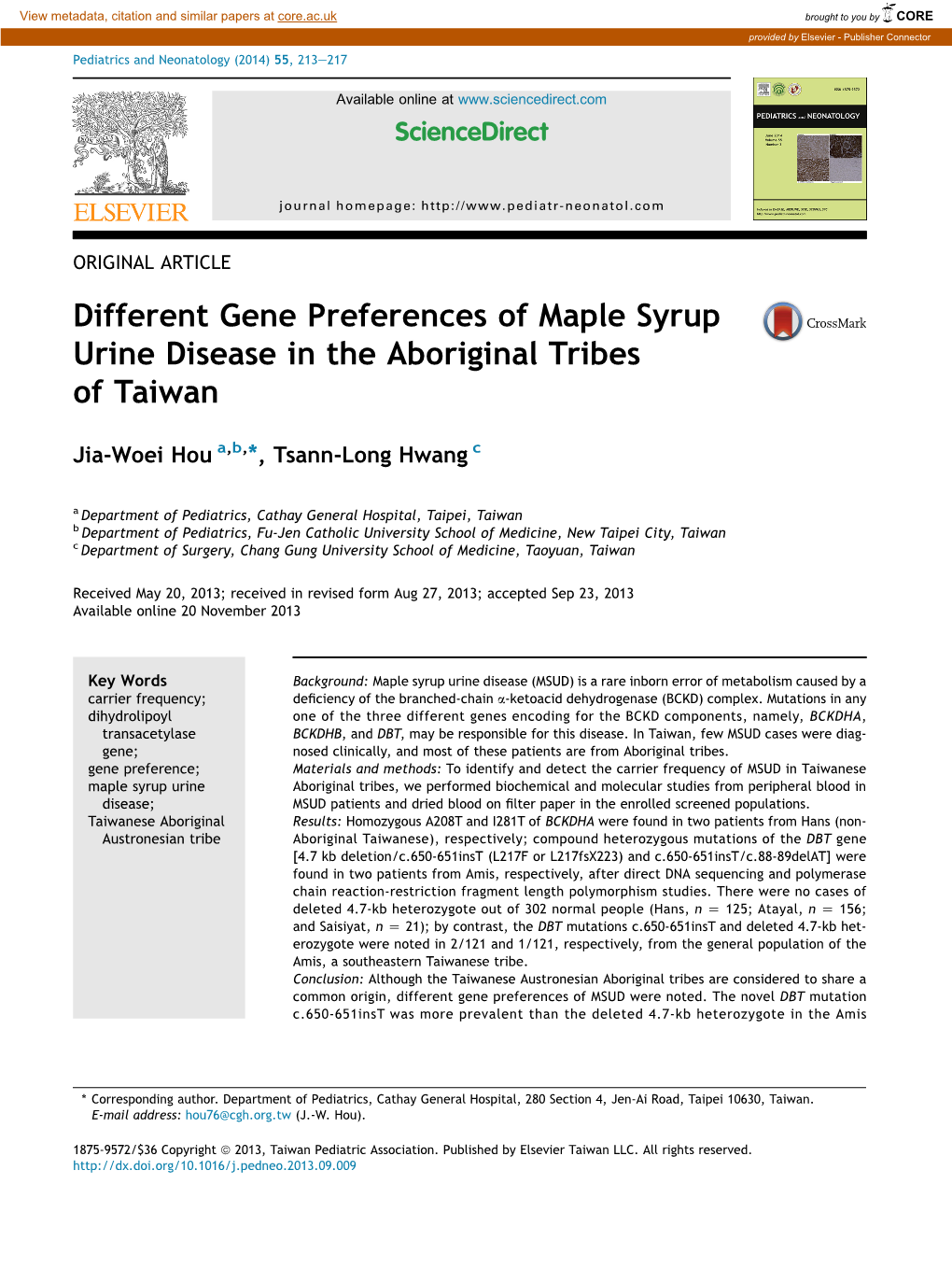 Different Gene Preferences of Maple Syrup Urine Disease in the Aboriginal Tribes of Taiwan
