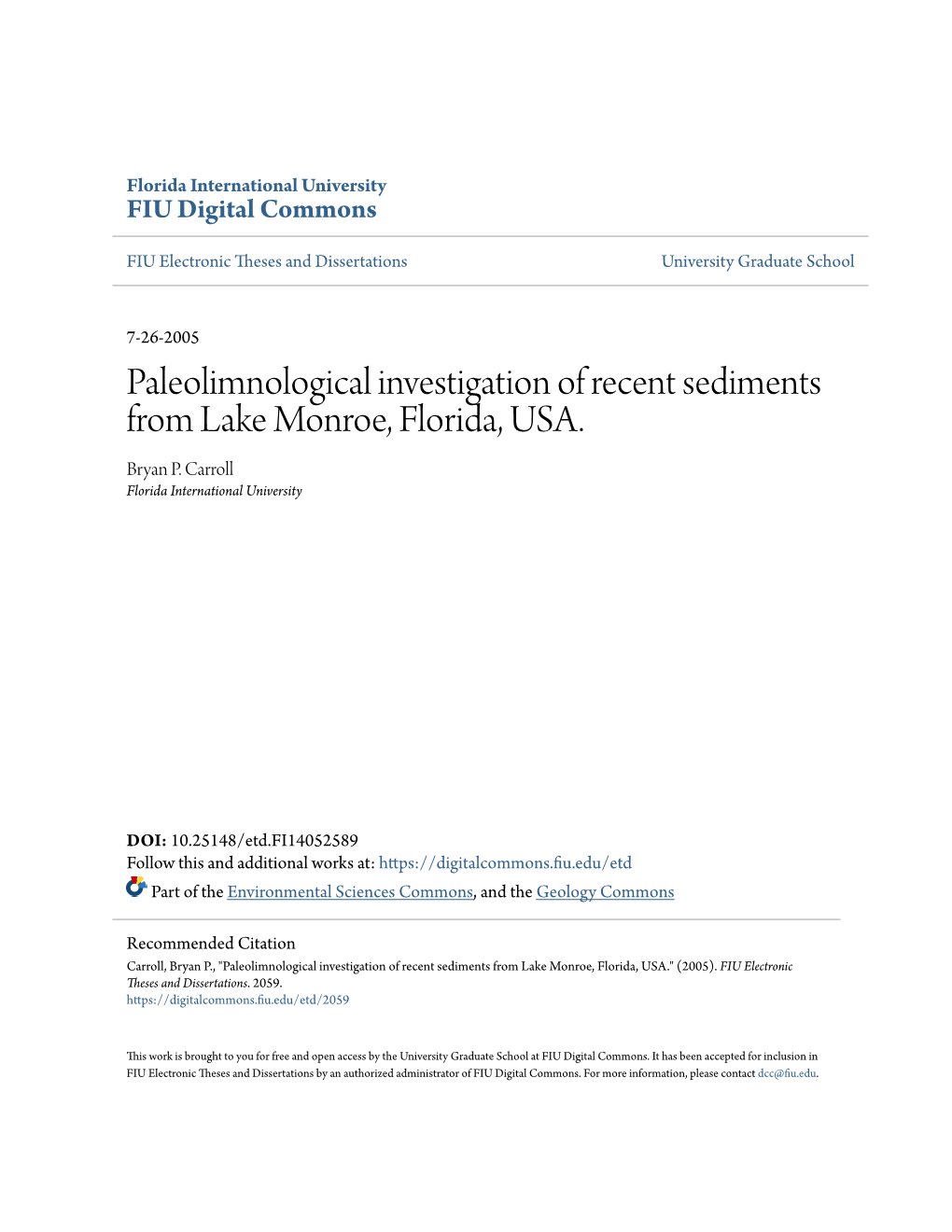 Paleolimnological Investigation of Recent Sediments from Lake Monroe, Florida, USA