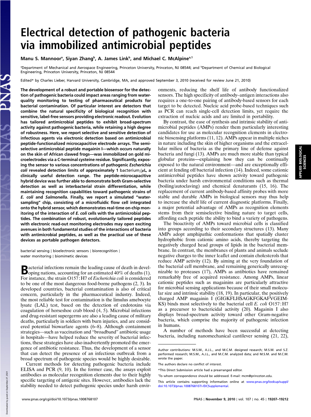 Electrical Detection of Pathogenic Bacteria Via Immobilized Antimicrobial Peptides