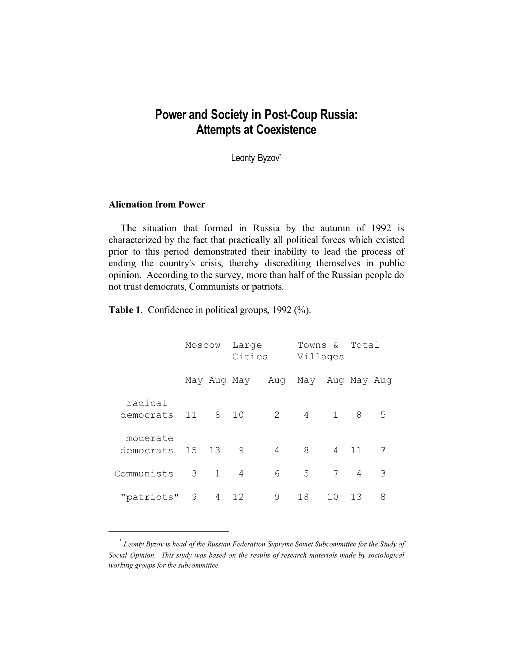 Power and Society in Post-Coup Russia: Attempts at Coexistence