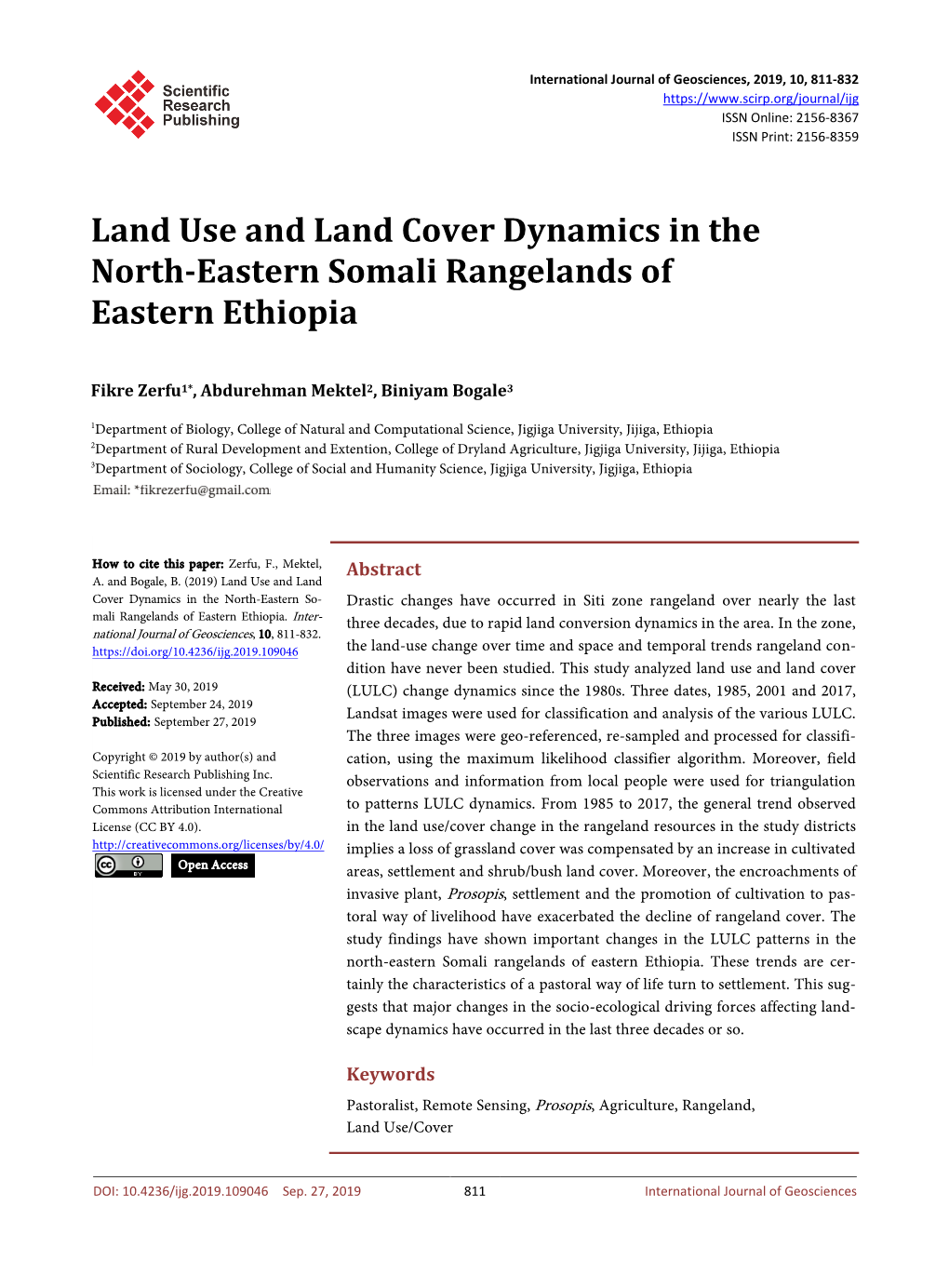 Land Use and Land Cover Dynamics in the North-Eastern Somali Rangelands of Eastern Ethiopia