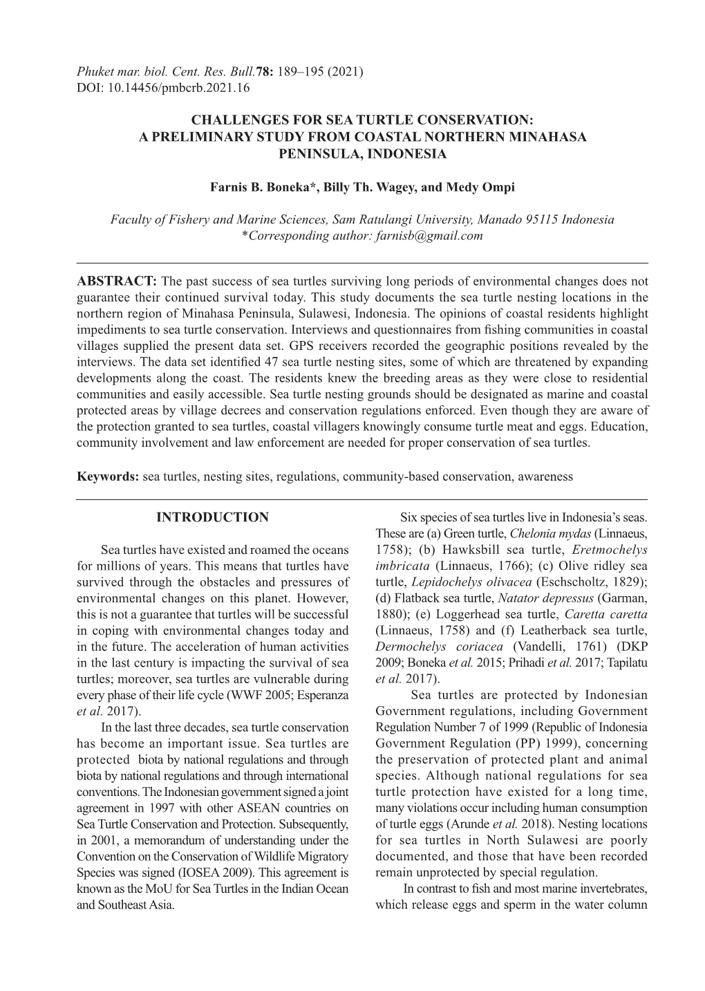 Phuket Mar. Biol. Cent. Res. Bull.78: 189–195 (2021) DOI: 10.14456/Pmbcrb.2021.16