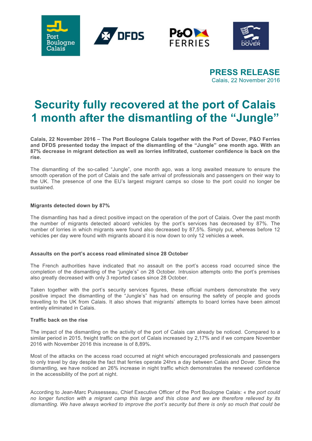 Security Fully Recovered at the Port of Calais 1 Month After the Dismantling of the “Jungle”