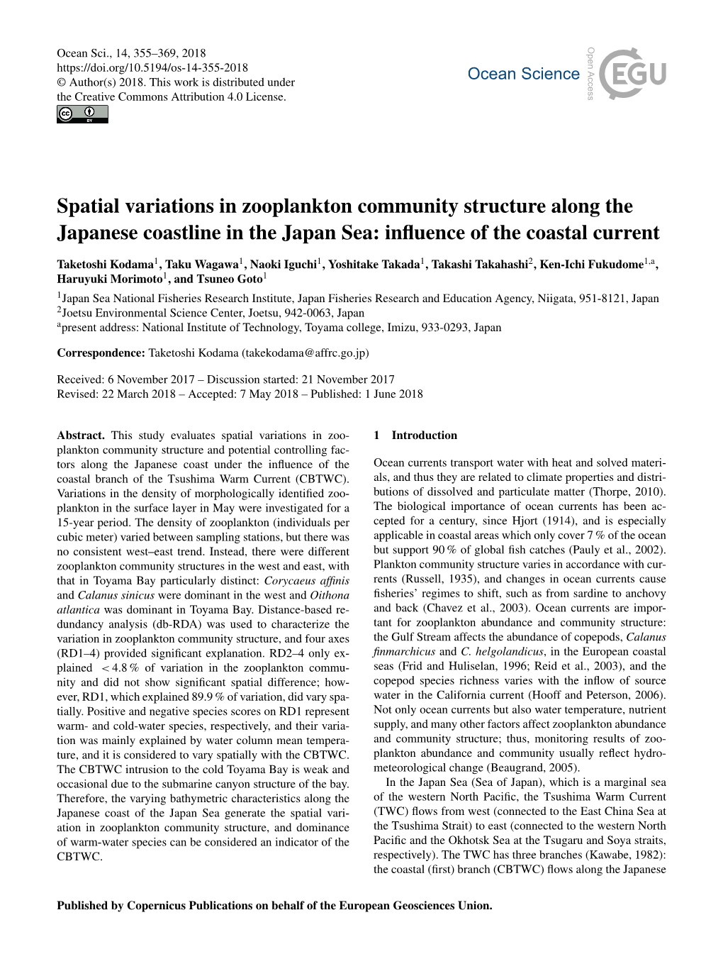Spatial Variations in Zooplankton Community Structure Along the Japanese Coastline in the Japan Sea: Inﬂuence of the Coastal Current