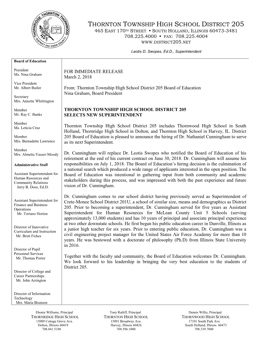 Thornton Township High School District 205 465 East 170Th Street  South Holland, Illinois 60473-3481 708.225.4000  Fax: 708.225.4004