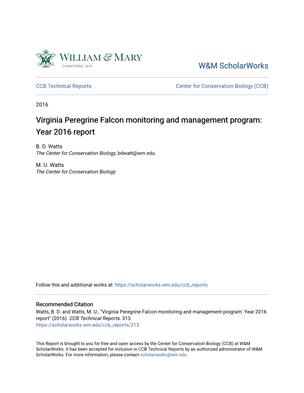 Virginia Peregrine Falcon Monitoring and Management Program: Year 2016 Report