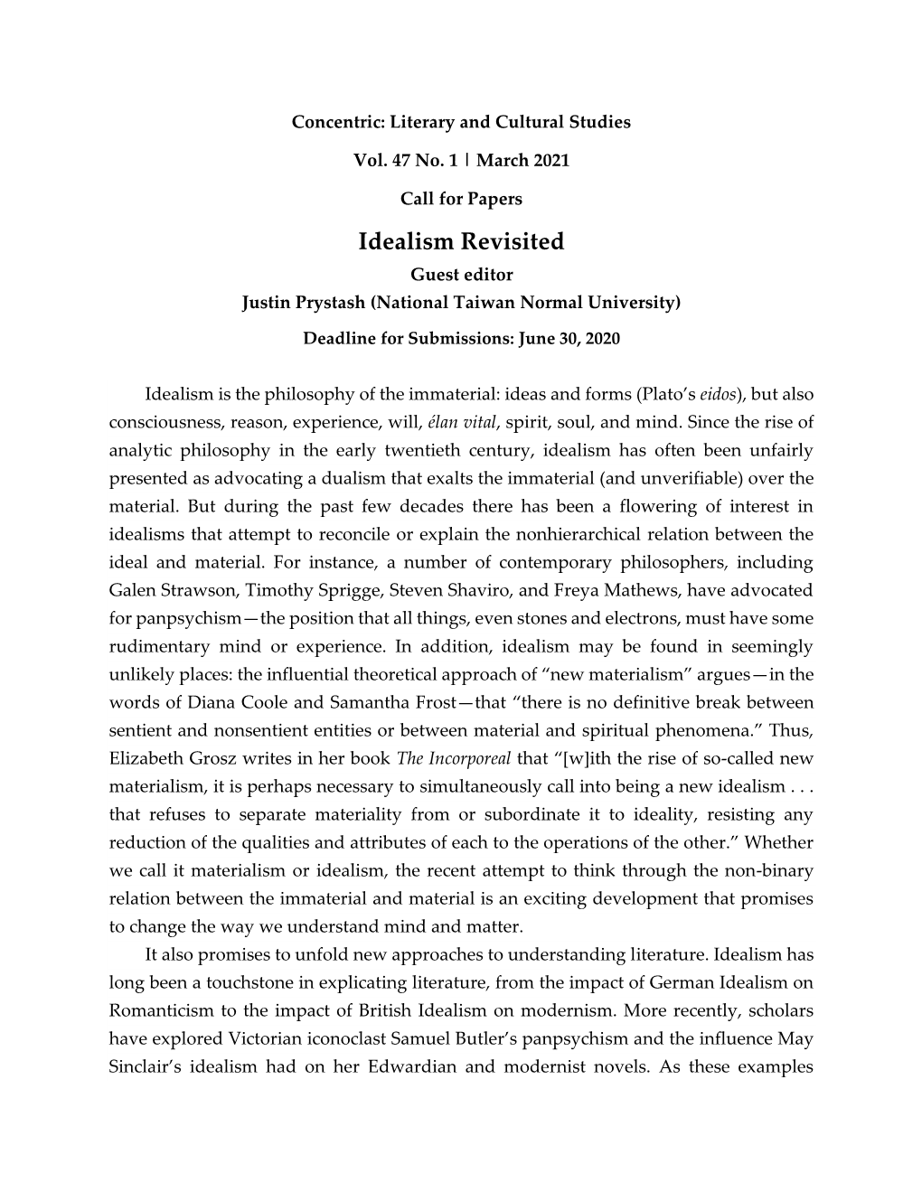 Idealism Revisited Guest Editor Justin Prystash (National Taiwan Normal University)