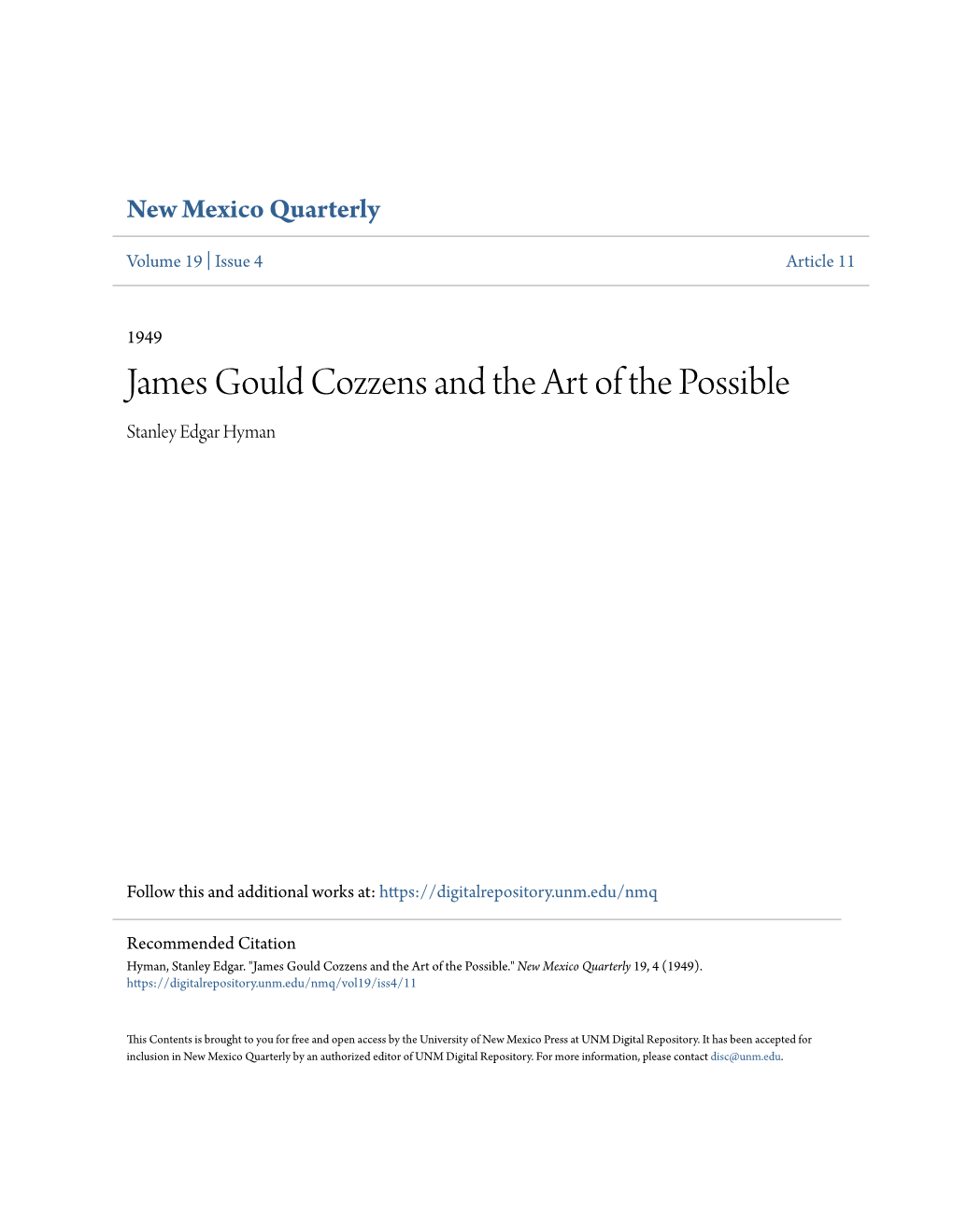 James Gould Cozzens and the Art of the Possible Stanley Edgar Hyman