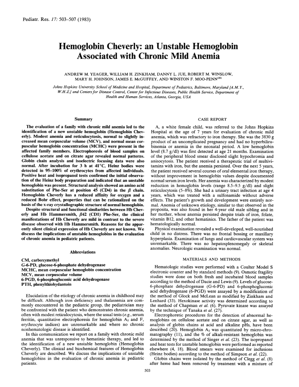 Hemoglobin Cheverly: an Unstable Hemoglobin Associated with Chronic Mild Anemia