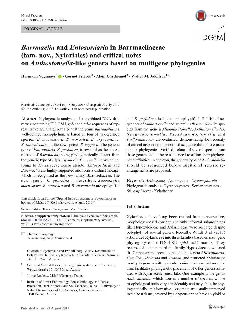 Barrmaelia and Entosordaria in Barrmaeliaceae (Fam