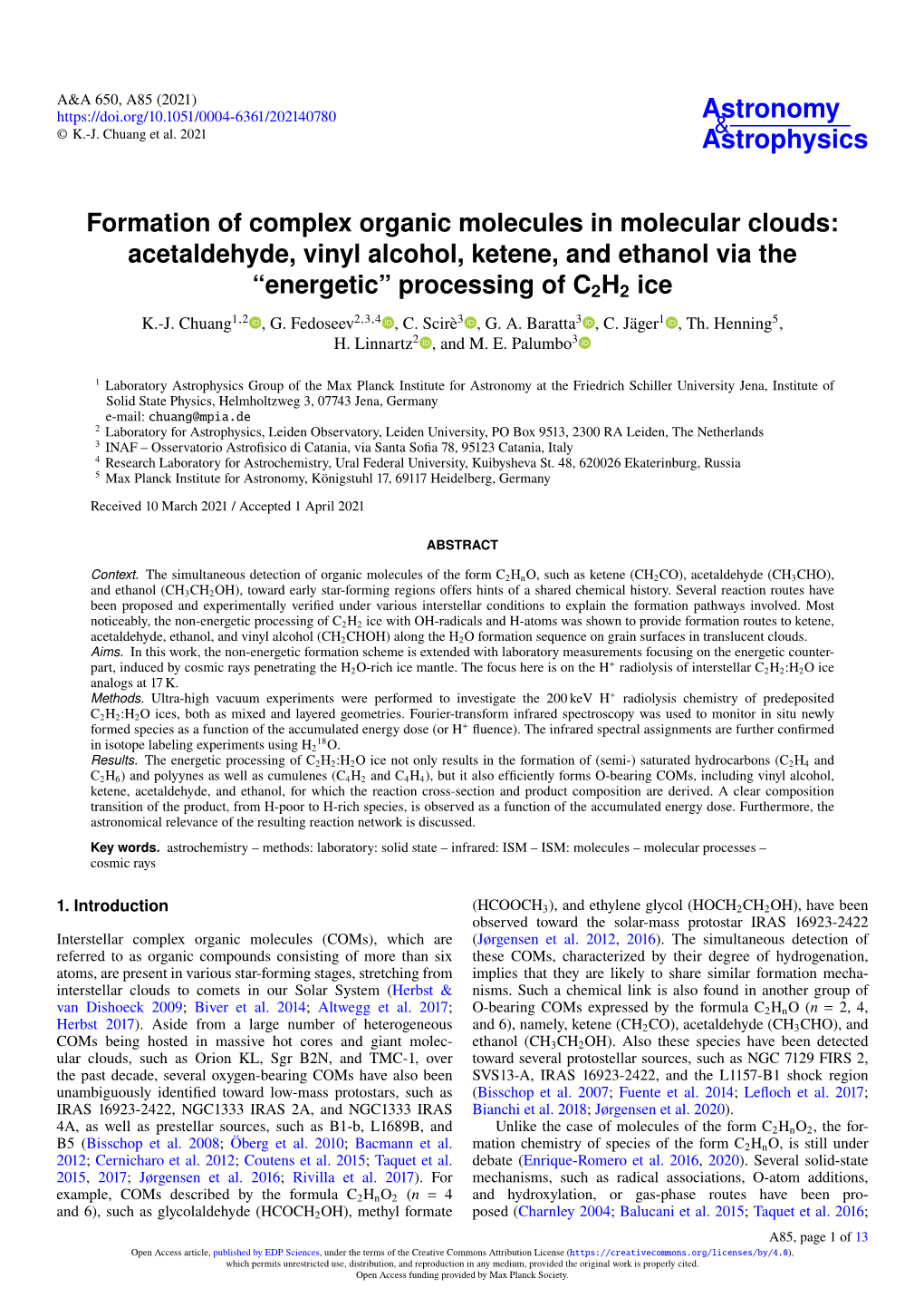 Formation of Complex Organic Molecules in Molecular Clouds: Acetaldehyde, Vinyl Alcohol, Ketene, and Ethanol Via the “Energetic” Processing of C2H2 Ice K.-J