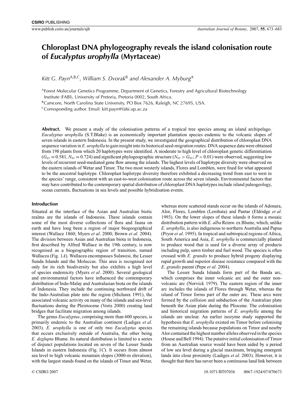 Chloroplast DNA Phylogeography Reveals the Island Colonisation Route of Eucalyptus Urophylla (Myrtaceae)