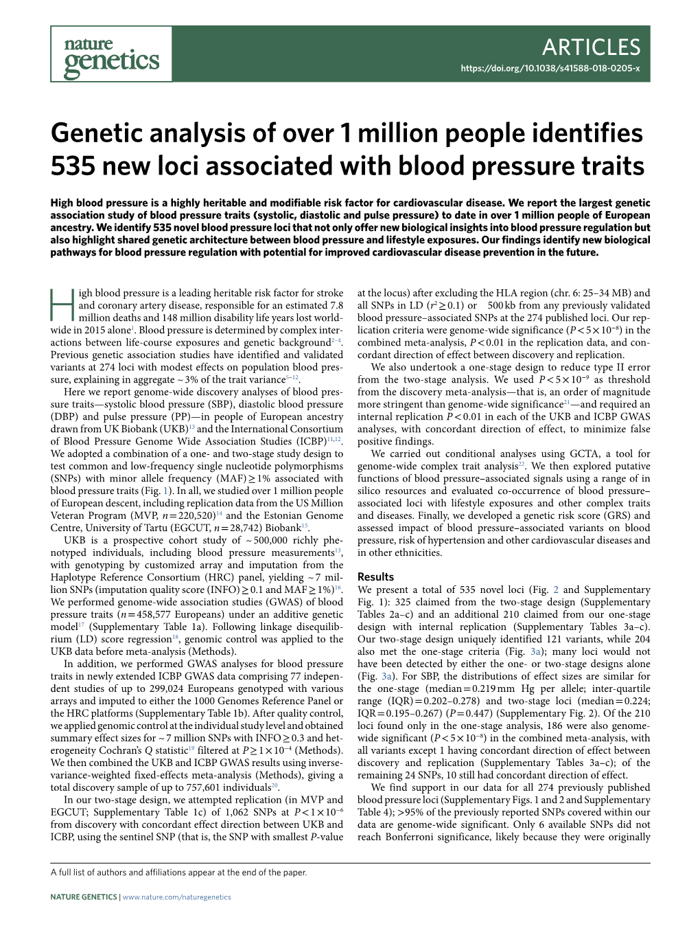 Genetic Analysis of Over 1 Million People Identifies 535 New Loci Associated with Blood Pressure Traits