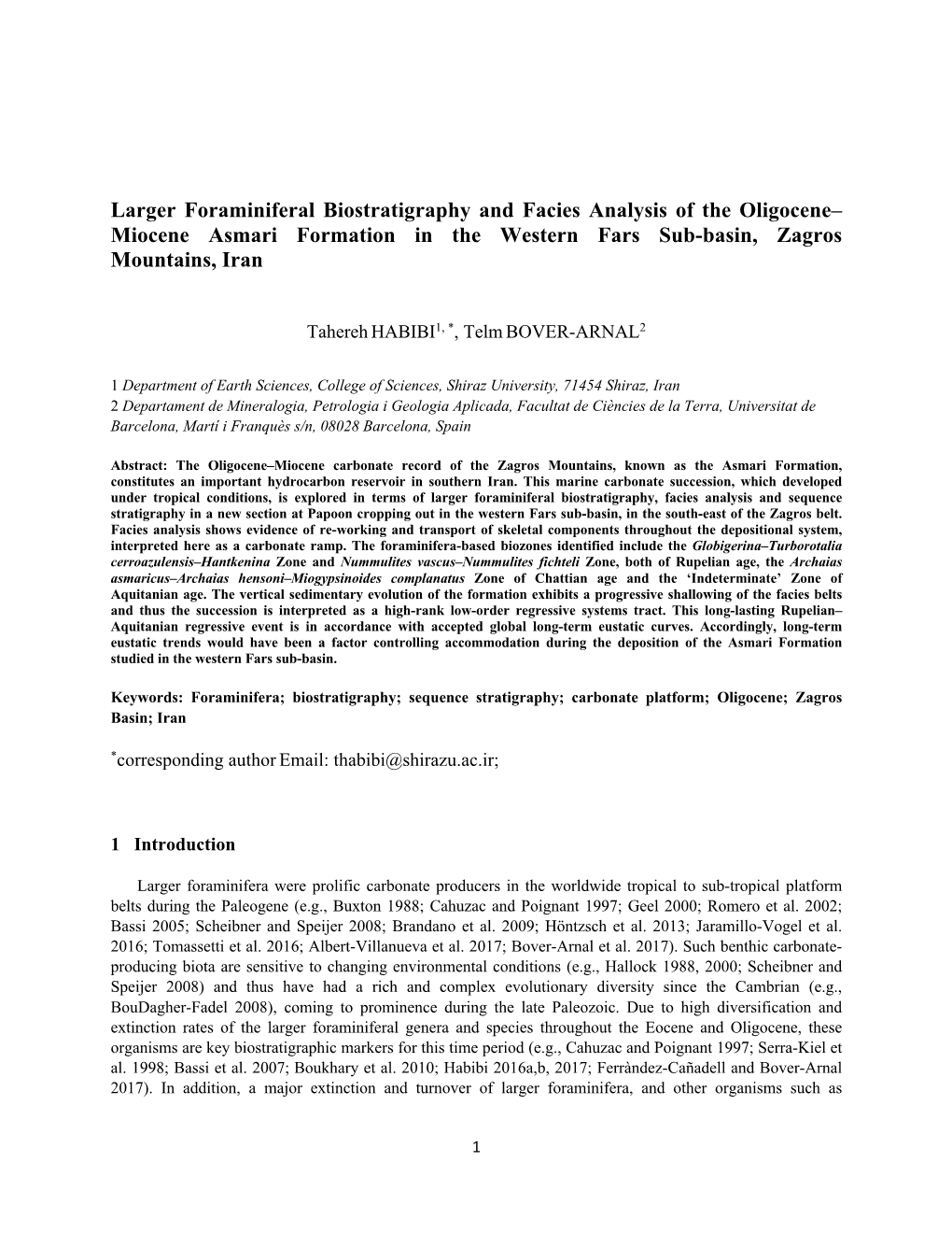 Larger Foraminiferal Biostratigraphy and Facies Analysis of the Oligocene– Miocene Asmari Formation in the Western Fars Sub-Basin, Zagros Mountains, Iran