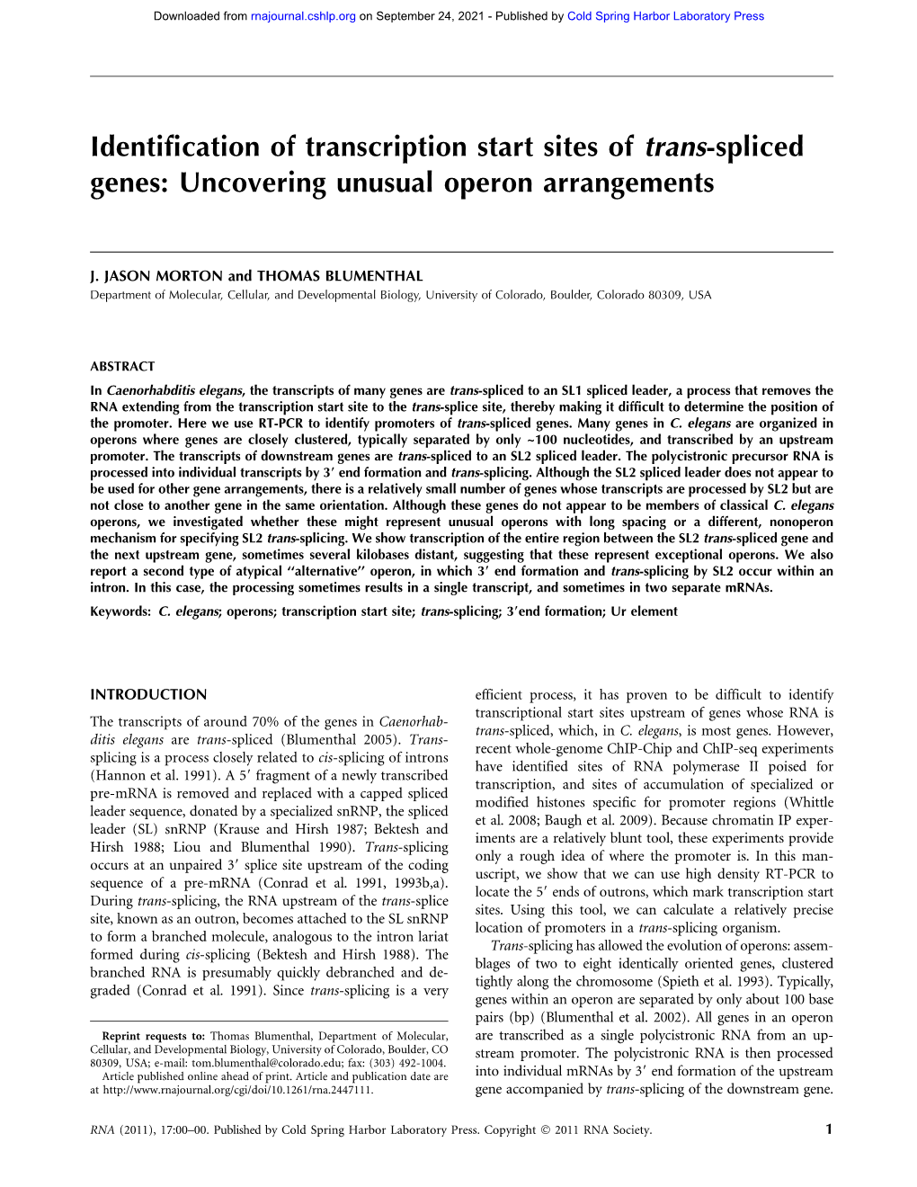 Identification of Transcription Start Sites of Trans-Spliced Genes: Uncovering Unusual Operon Arrangements