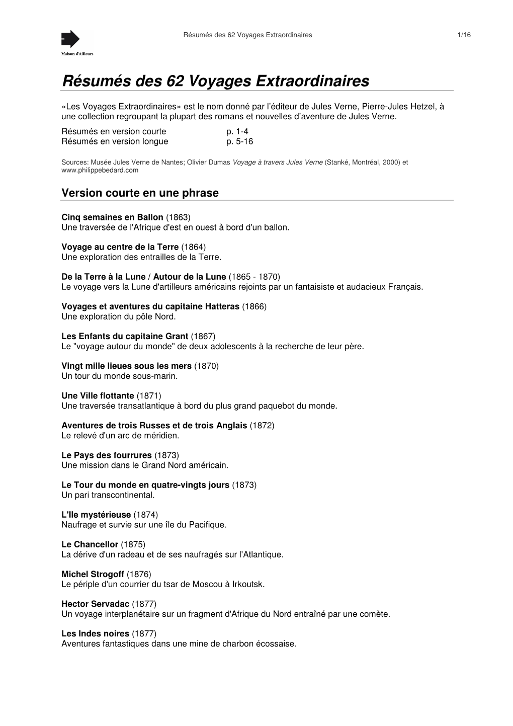 Résumés Des 62 Voyages Extraordinaires 1/16