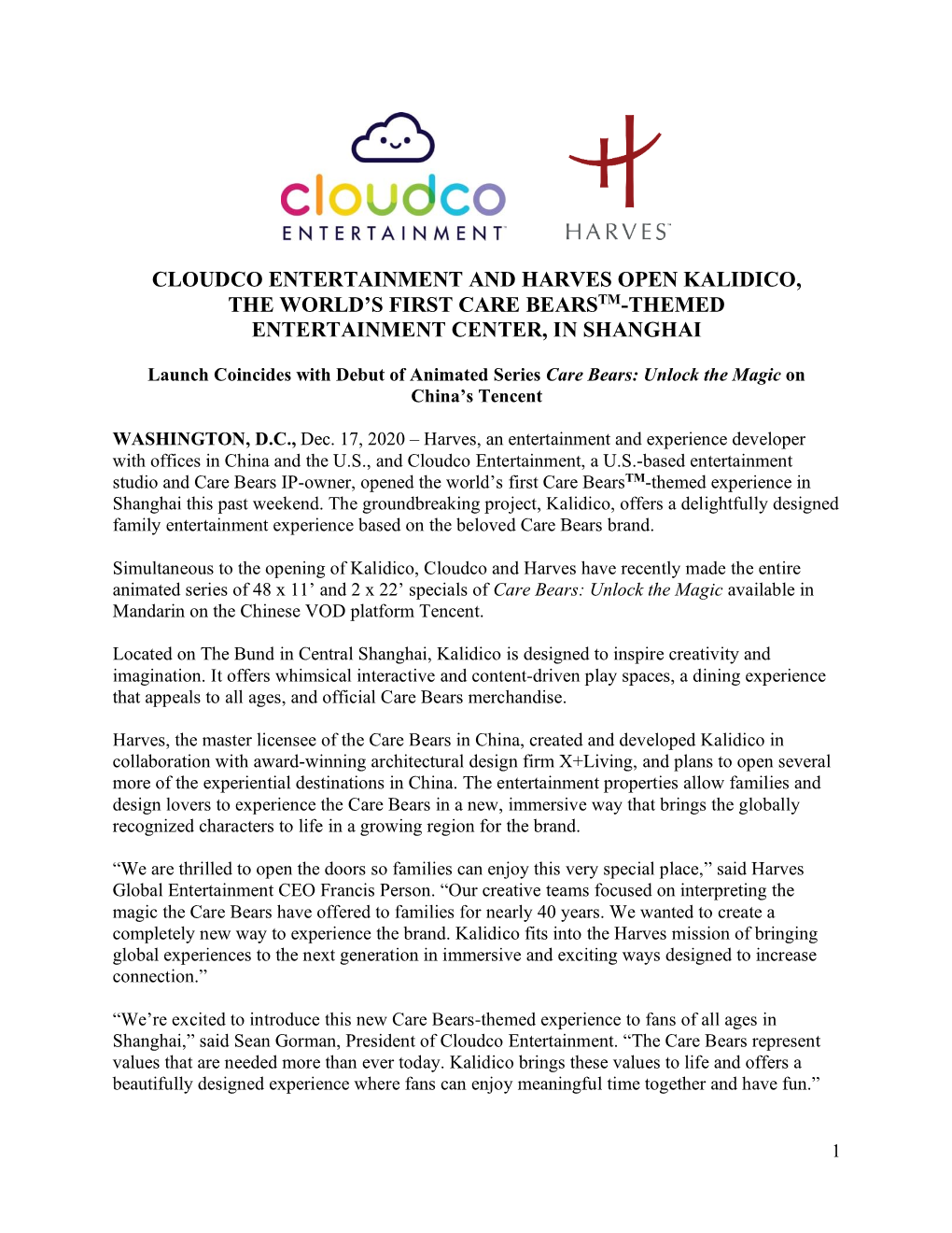 Cloudco Entertainment and Harves Open Kalidico, the World’S First Care Bearstm-Themed Entertainment Center, in Shanghai