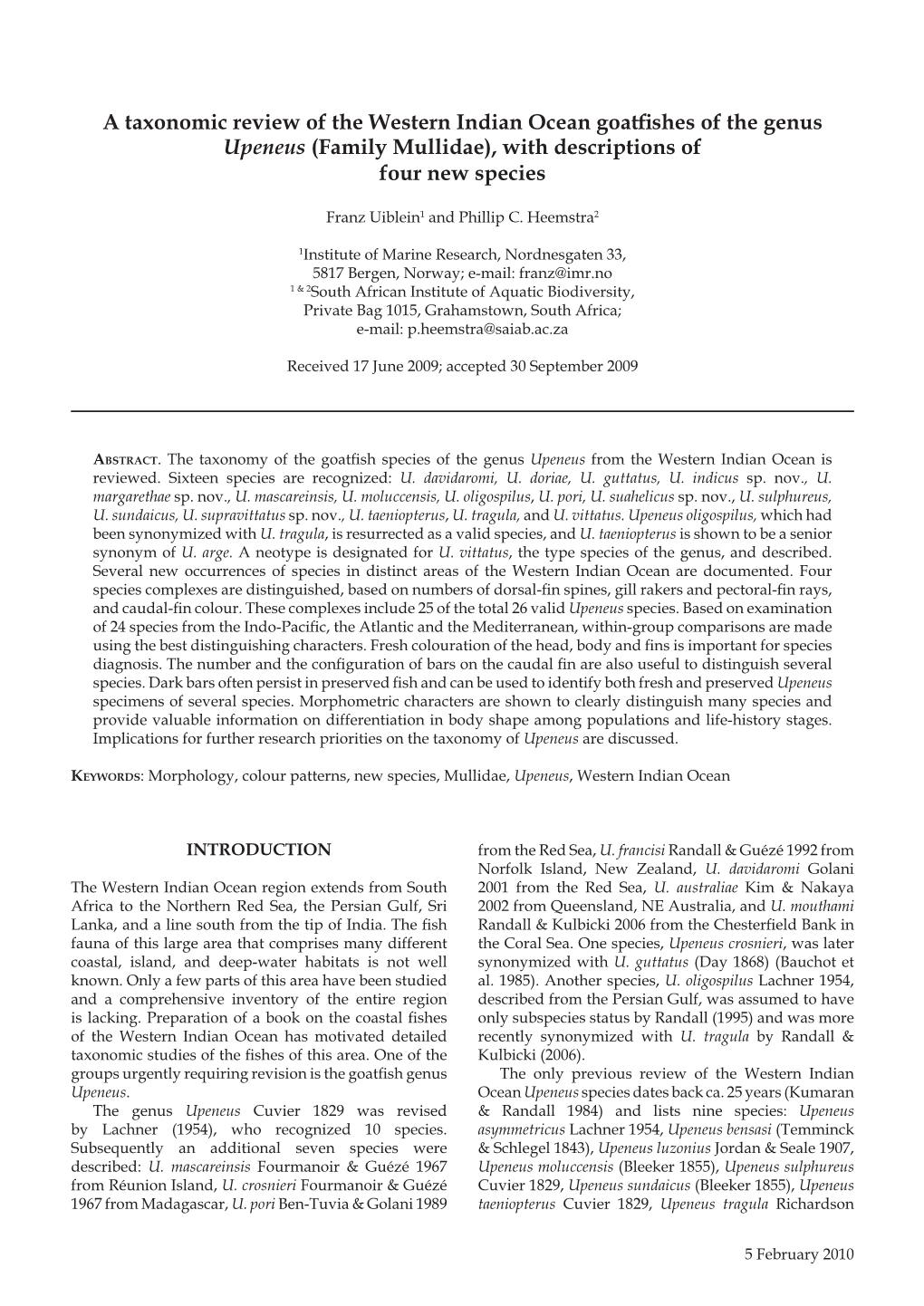 A Taxonomic Review of the Western Indian Ocean Goatfishes of the Genus Upeneus (Family Mullidae), with Descriptions of Four New Species