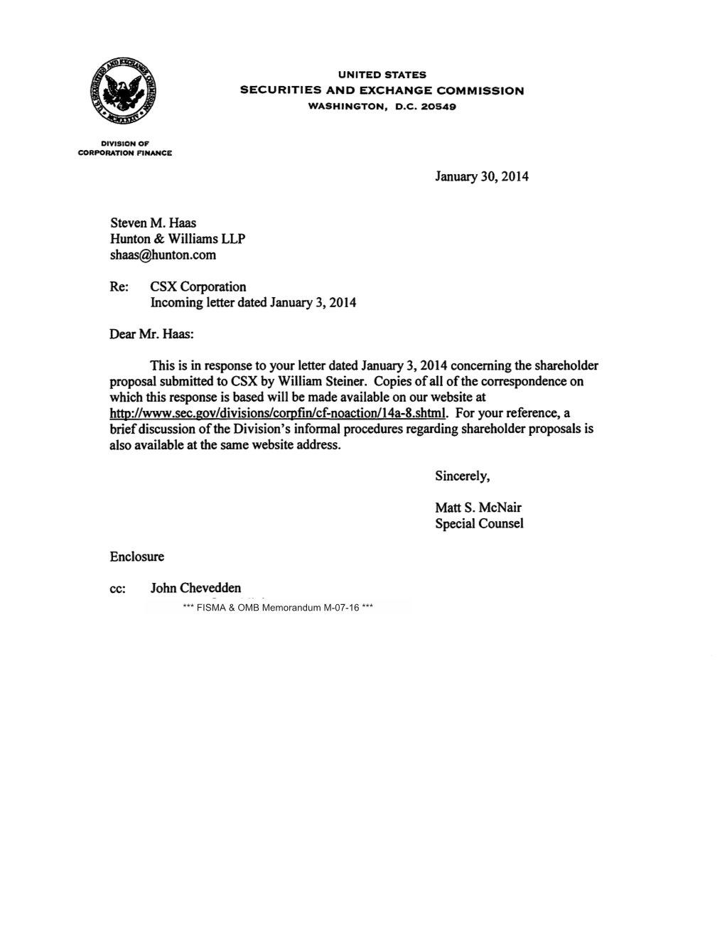 CSX Corporation Incoming Letter Dated January 3, 2014