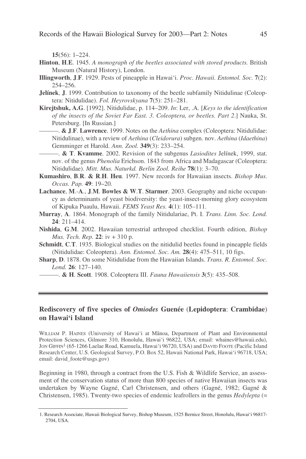 Rediscovery of Five Species of Omiodes Guenée (Lepidoptera: Crambidae) on Hawai‘I Island