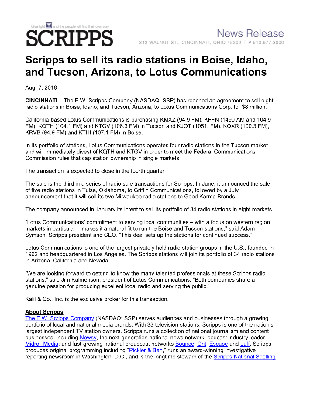 Scripps to Sell Its Radio Stations in Boise, Idaho, and Tucson, Arizona, to Lotus Communications