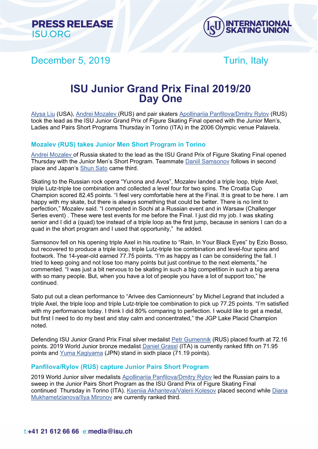 ISU Junior Grand Prix Final 2019/20 Day One