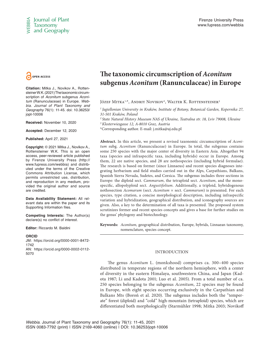 The Taxonomic Circumscription of Aconitum Subgenus Aconitum (Ranunculaceae) in Europe Citation: Mitka J., Novikov A., Rotten- Steiner W.K