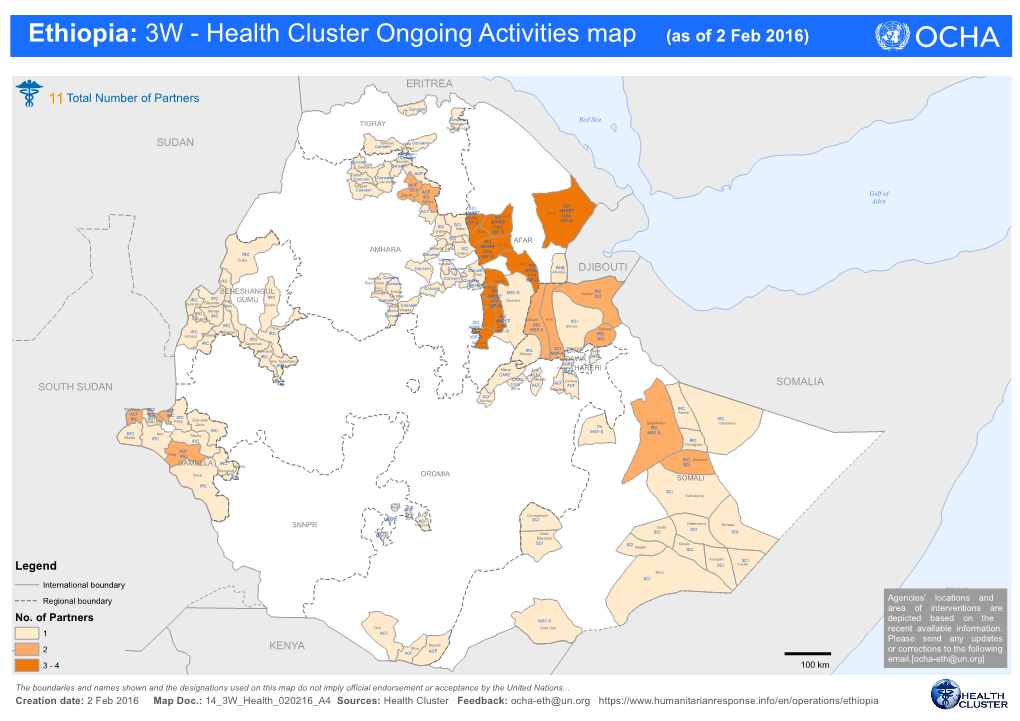 Ethiopia: 3W - Health Cluster Ongoing Activities Map (As of 2 Feb 2016)