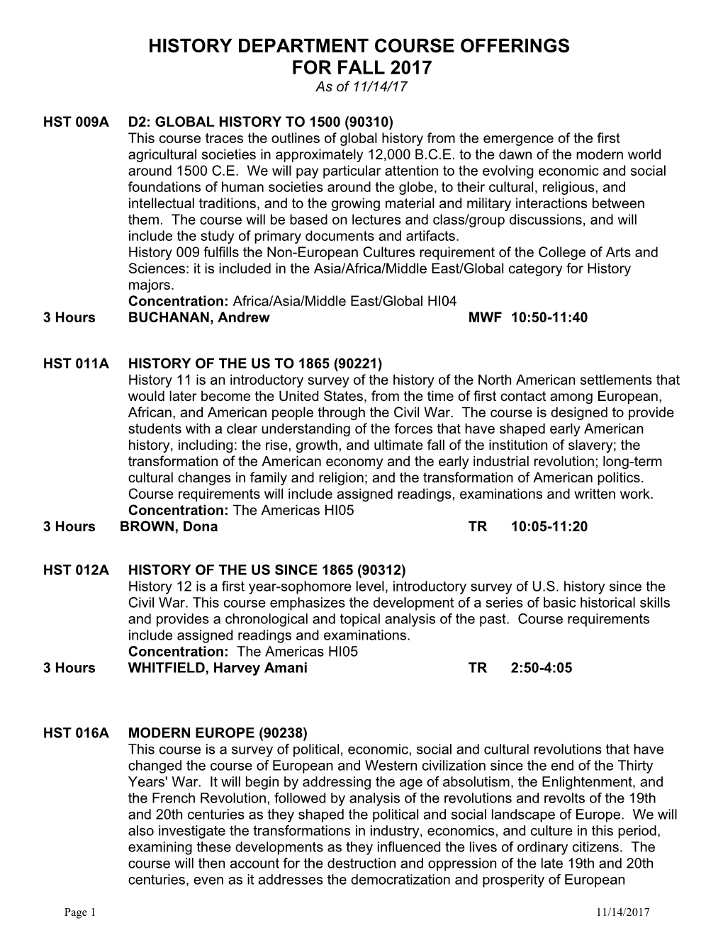 History Course Offerings For Fall 2002