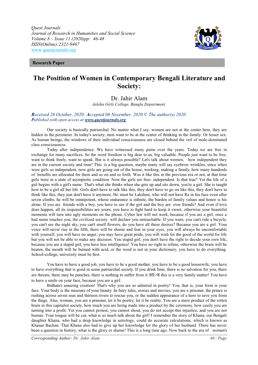 The Position of Women in Contemporary Bengali Literature and Society