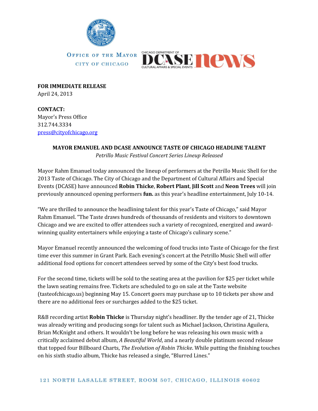 FOR IMMEDIATE RELEASE April 24, 2013 CONTACT: Mayor's Press