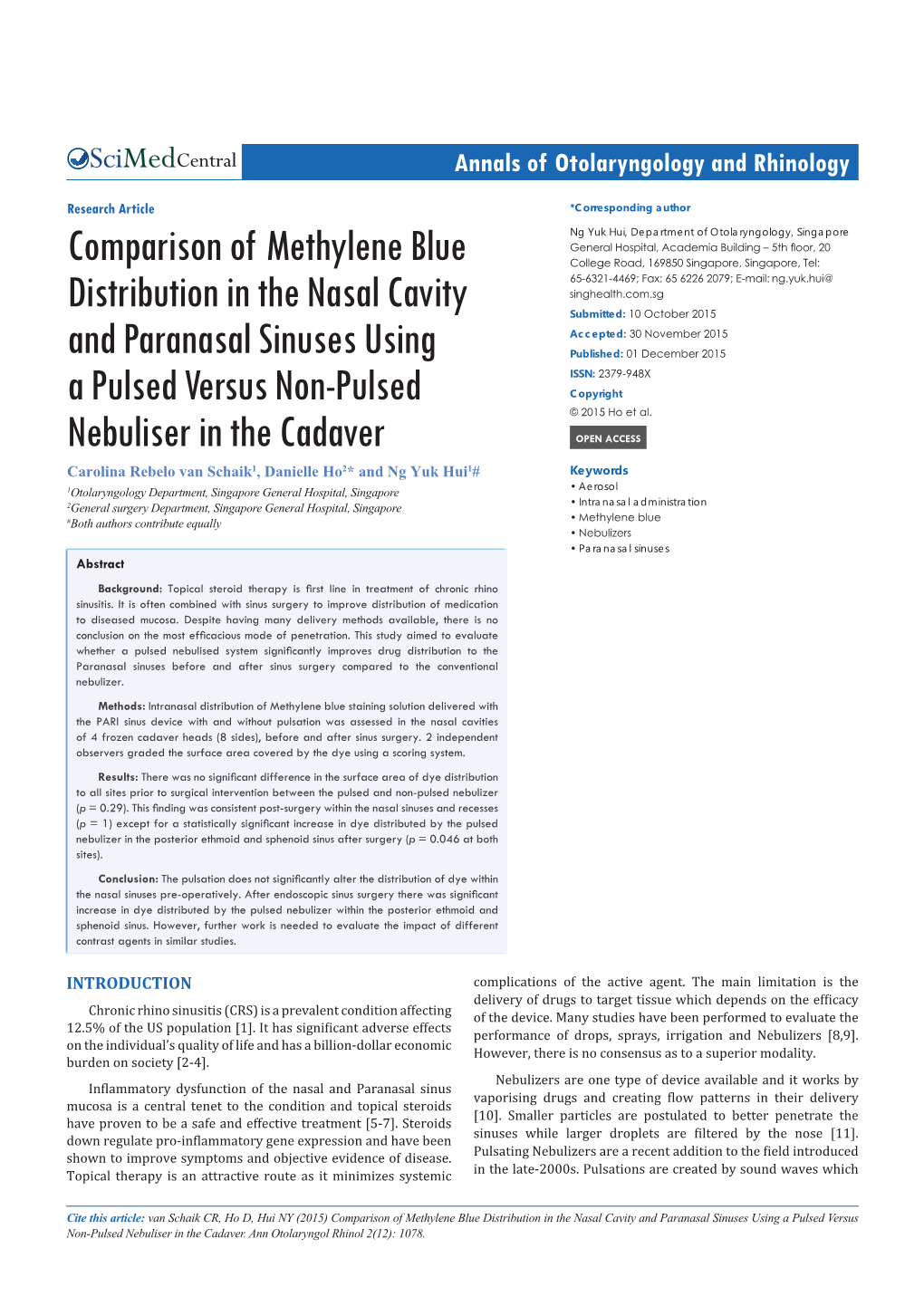 Comparison of Methylene Blue Distribution in the Nasal Cavity and Paranasal Sinuses Using a Pulsed Versus Non-Pulsed Nebuliser in the Cadaver