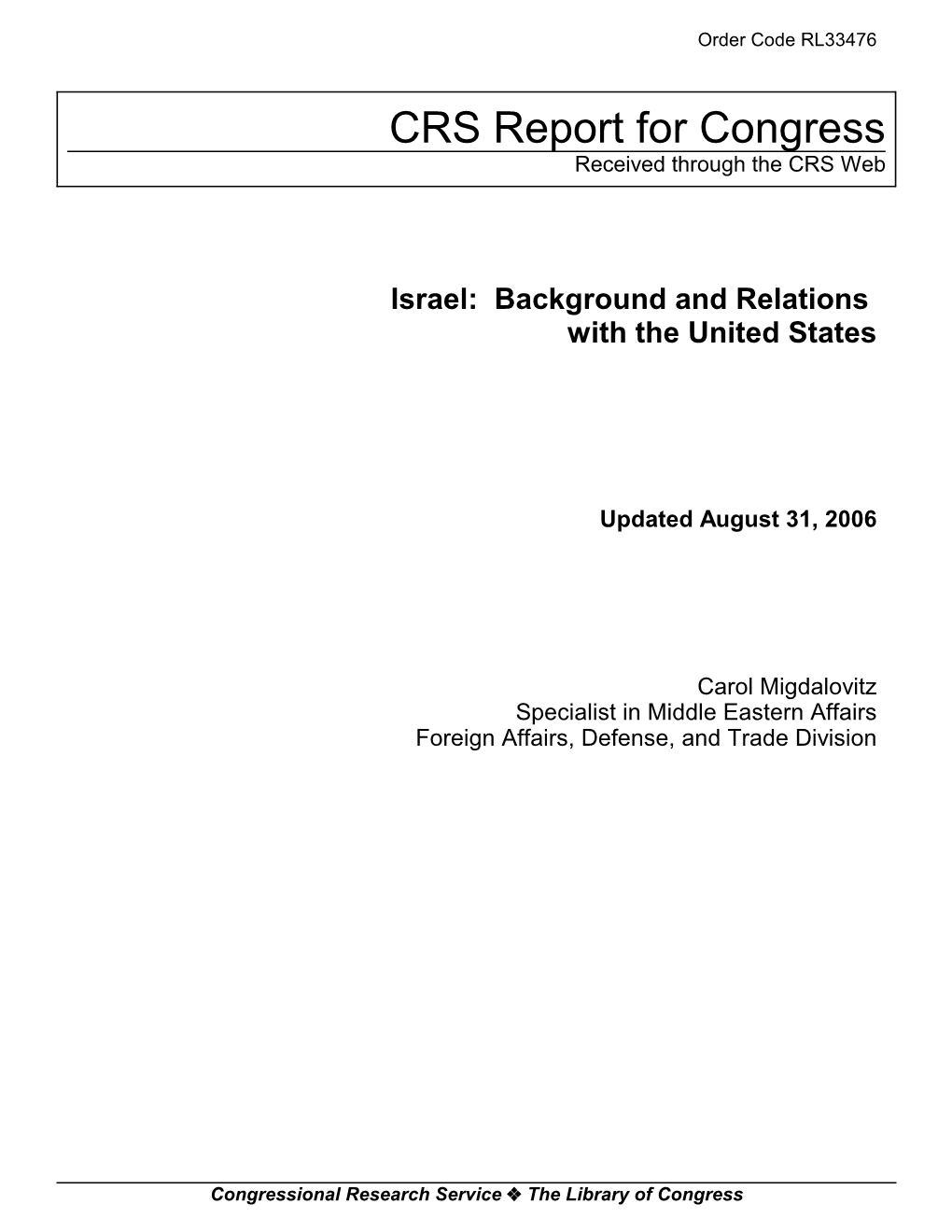 Israel: Background and Relations with the United States
