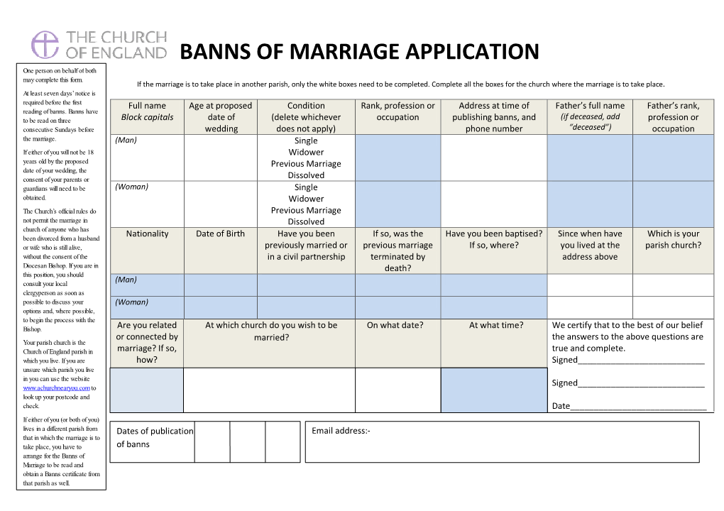 Banns of Marriage Application Form