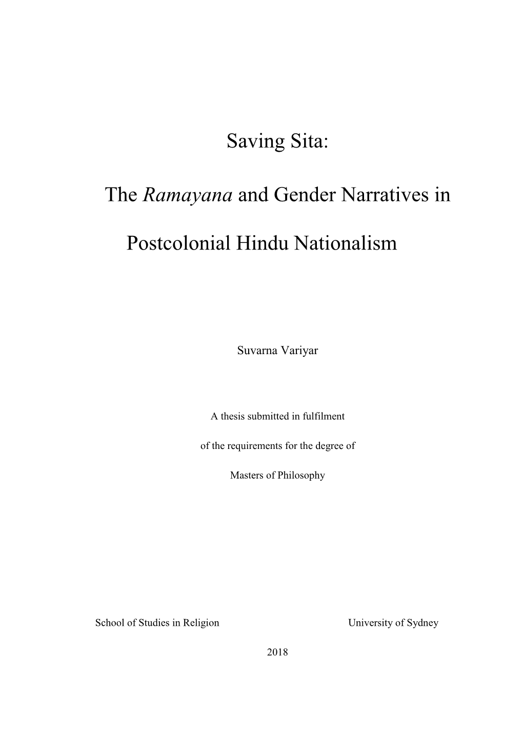 Saving Sita: the Ramayana and Gender Narratives in Postcolonial