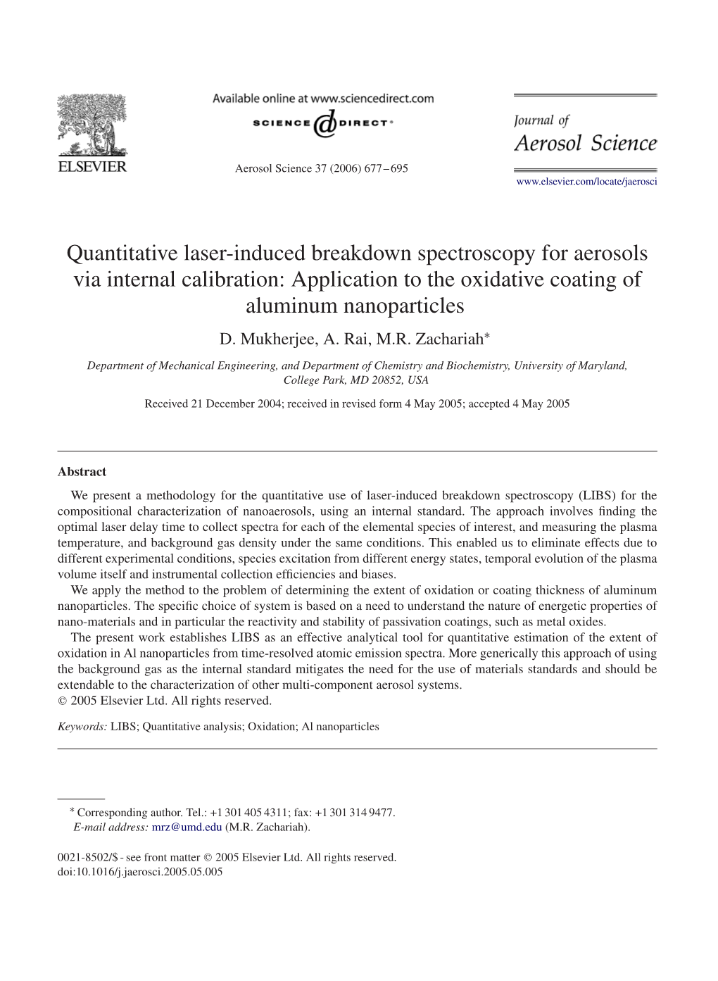 Quantitative Laser-Induced Breakdown Spectroscopy for Aerosols Via Internal Calibration: Application to the Oxidative Coating of Aluminum Nanoparticles D