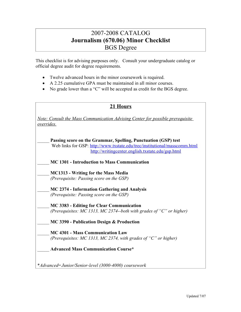 Journalism (670.06) Minor Checklist