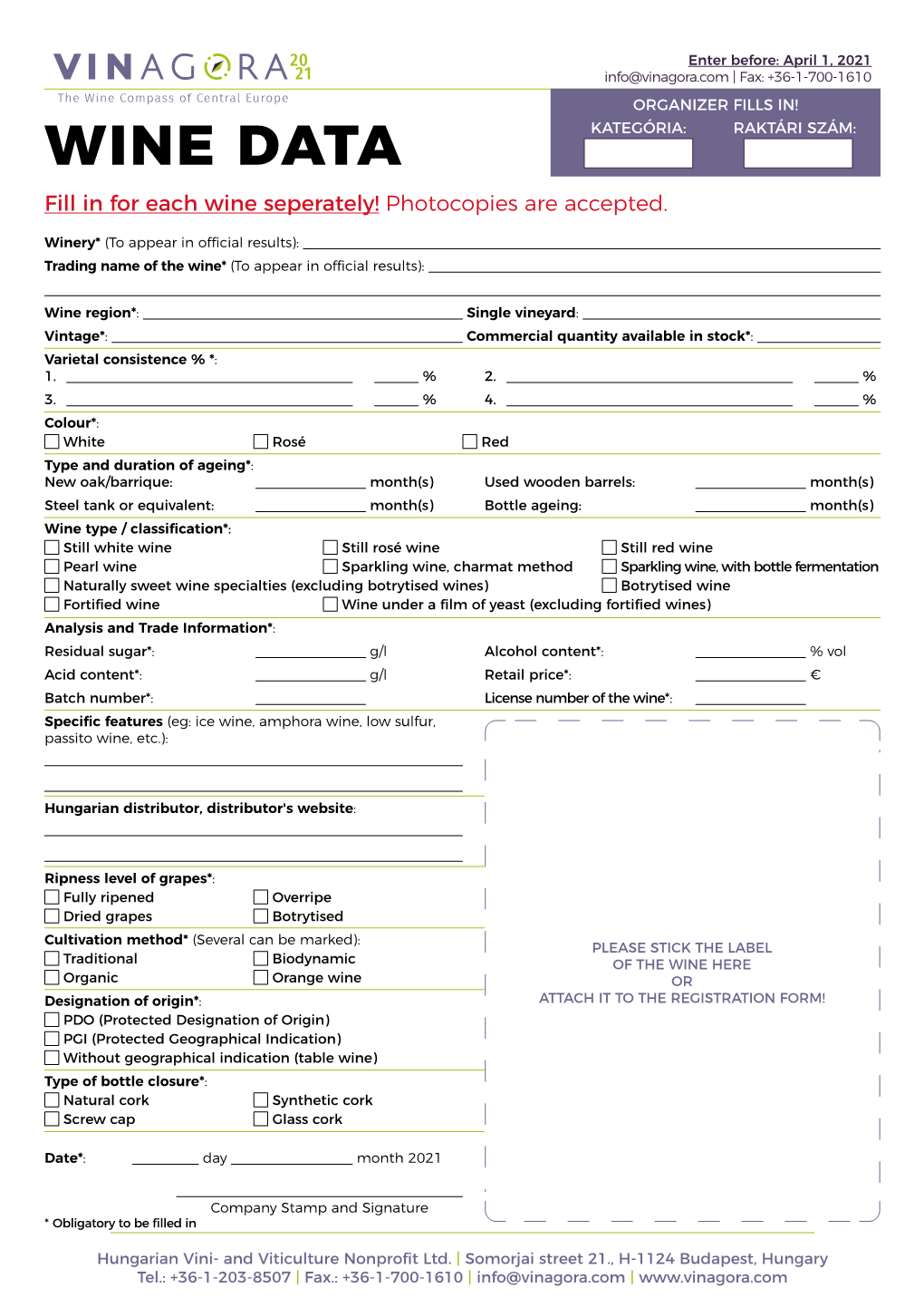 WINE DATA Fill in for Each Wine Seperately! Photocopies Are Accepted