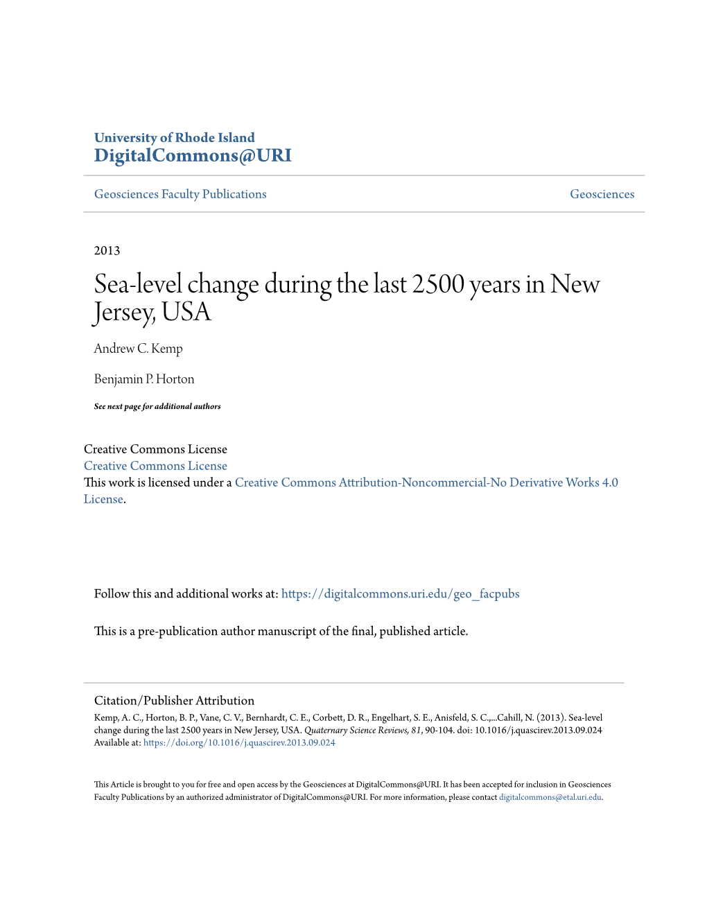 Sea-Level Change During the Last 2500 Years in New Jersey, USA Andrew C