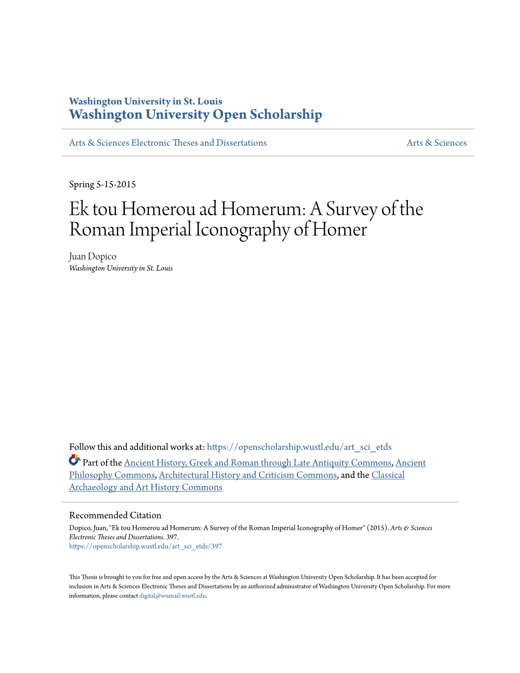 A Survey of the Roman Imperial Iconography of Homer Juan Dopico Washington University in St