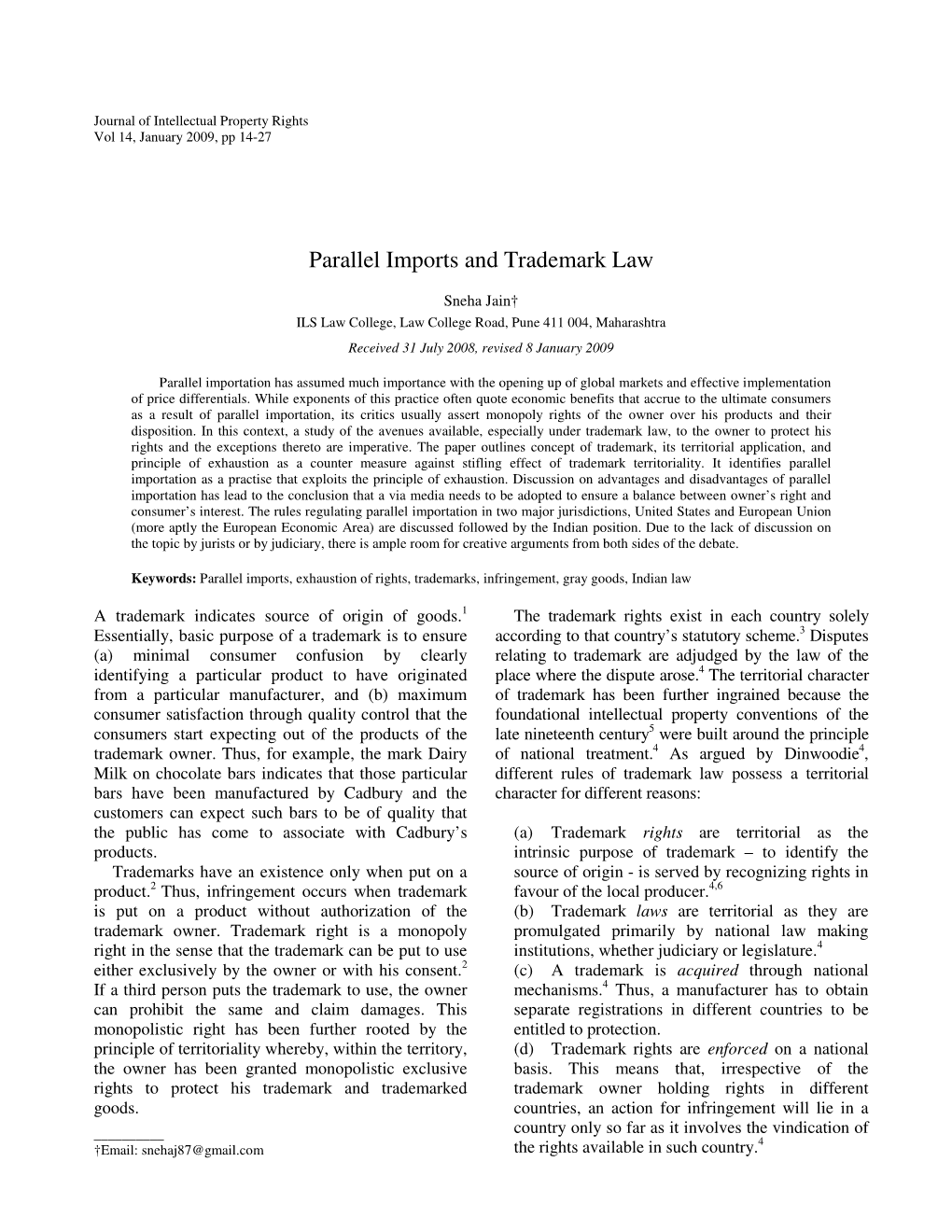 Parallel Imports and Trademark Law
