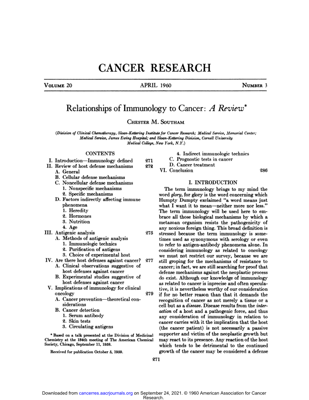 Relationships of Immunology to Cancer: a Review *