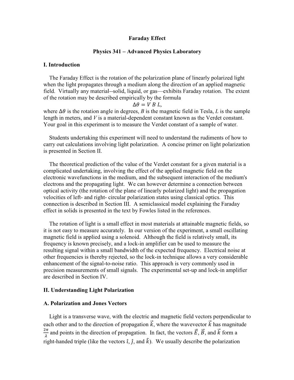 Faraday Effect Physics 341 – Advanced Physics Laboratory I